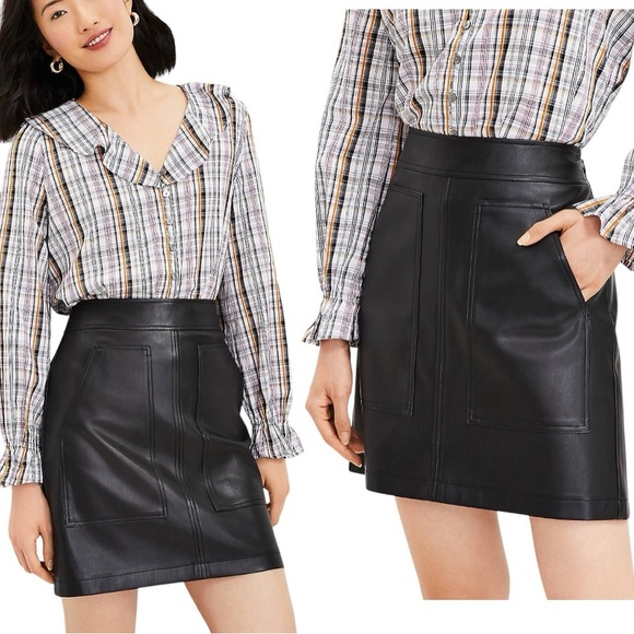 Loft Black Faux Leather shift Skirt Women’s Size 8 NWT pockets zipper vegan - Picture 1 of 11